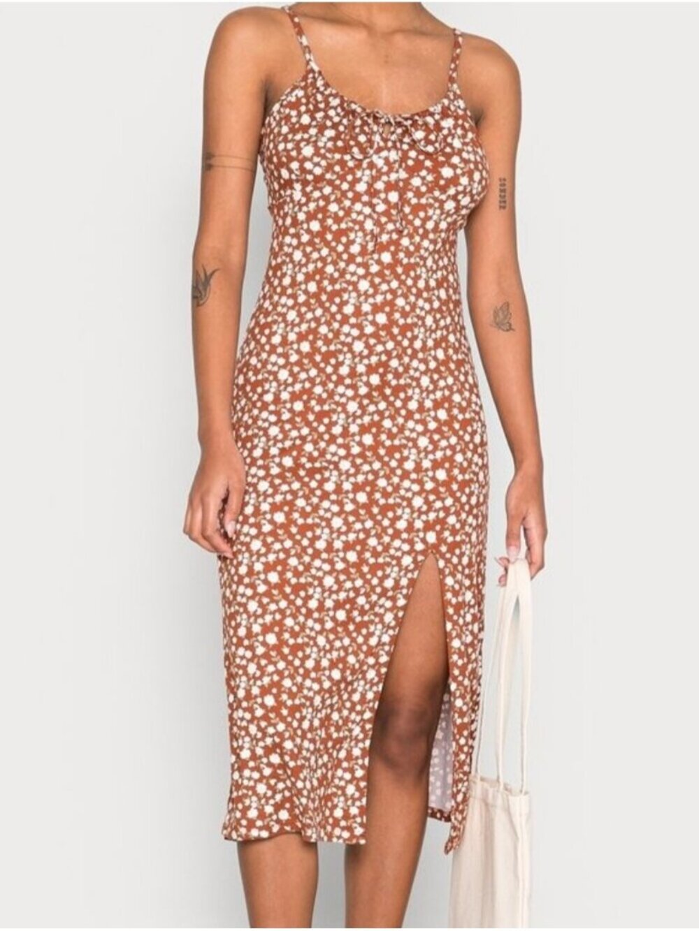 Hollister Brown Floral Midi Dress with Side Slit
